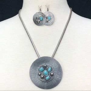 Large Medallion Turquoise Necklace Earrings Set